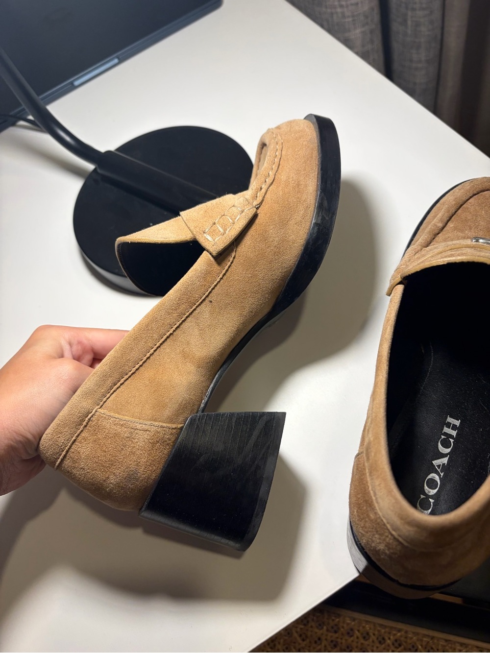 Coach Tan Suede Women's Penny Loafers with Silver Accent - Picture 6 of 8